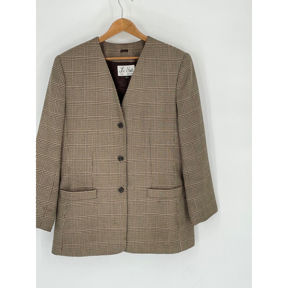 Vtg Le Suit Women Blazer 14 Longline Y2K 90's Brown Houndstooth Plaid Collarless
